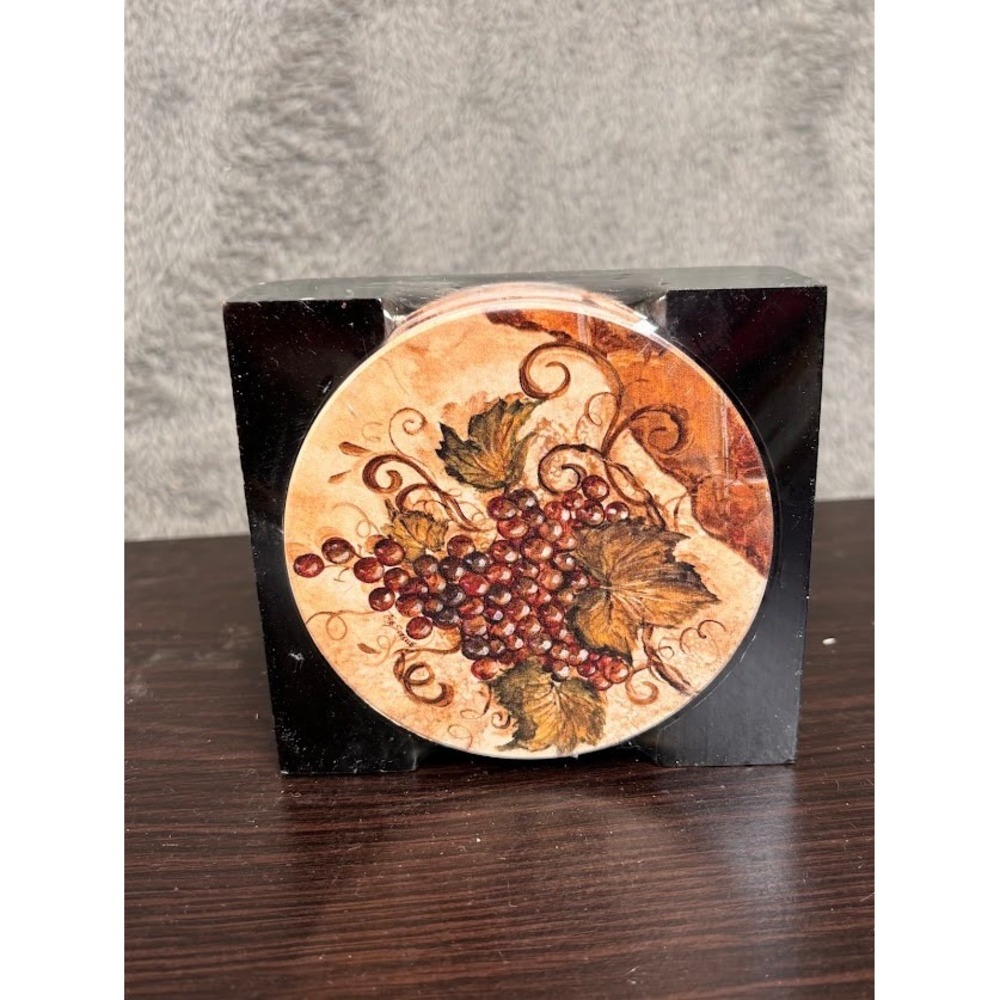 Thirstystone Grape Vine Sandstone Coaster Set of 4 with Wood Holder VTF2-HA42